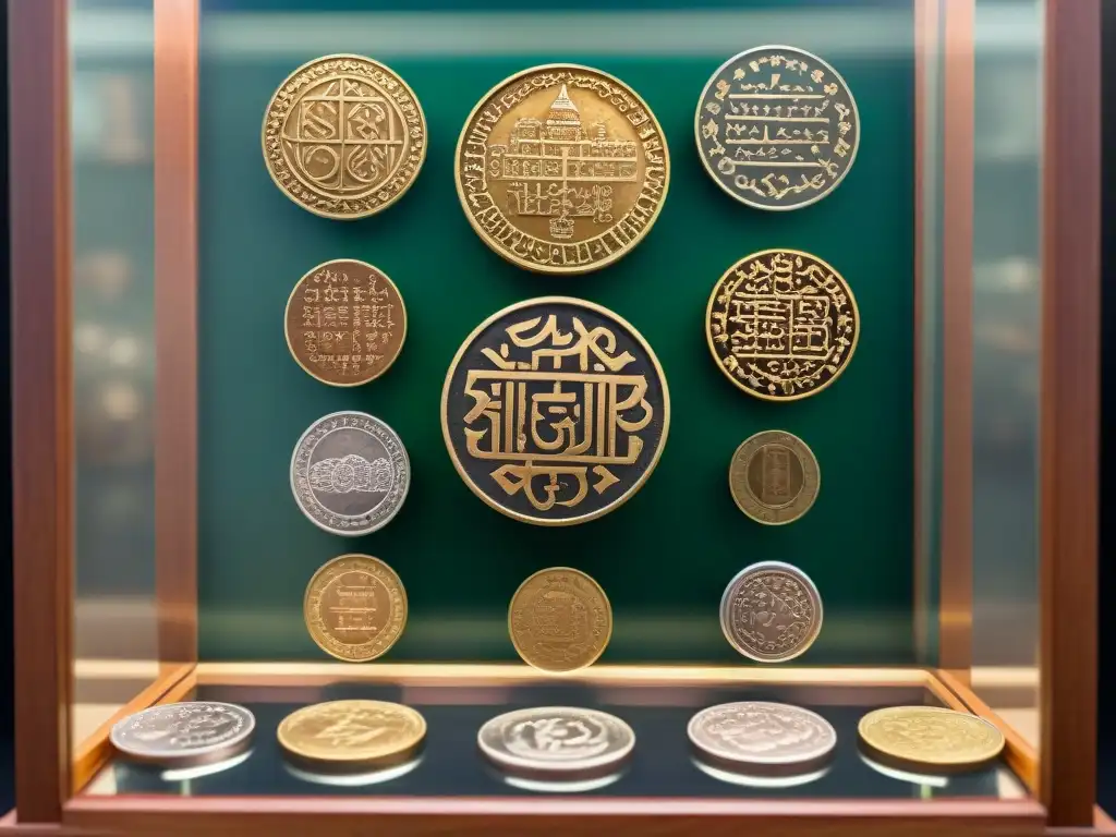 Colección de antiguas monedas hispanomusulmanas con patrones geométricos y caligrafía árabe, resaltando la influencia artística de las invasiones islámicas en la moneda española