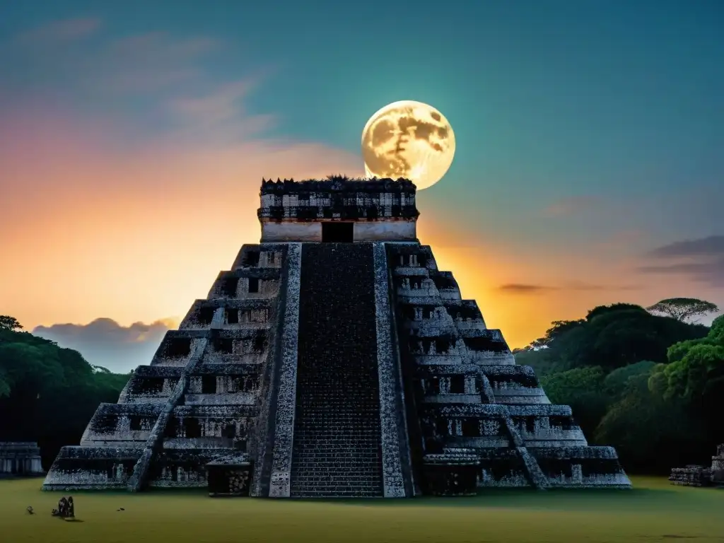 Antiguas ruinas Mayas bajo luna llena, detalladas y místicas, conectando con Ceremonias Lunares Mayas Poder Oculto