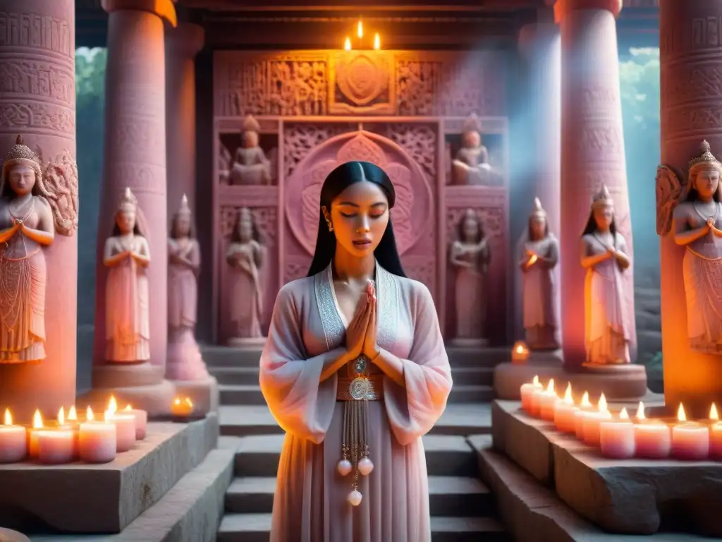 Antiguas sacerdotisas en ritual con Cuarzo Rosa, rodeadas de luz de velas en templo adornado