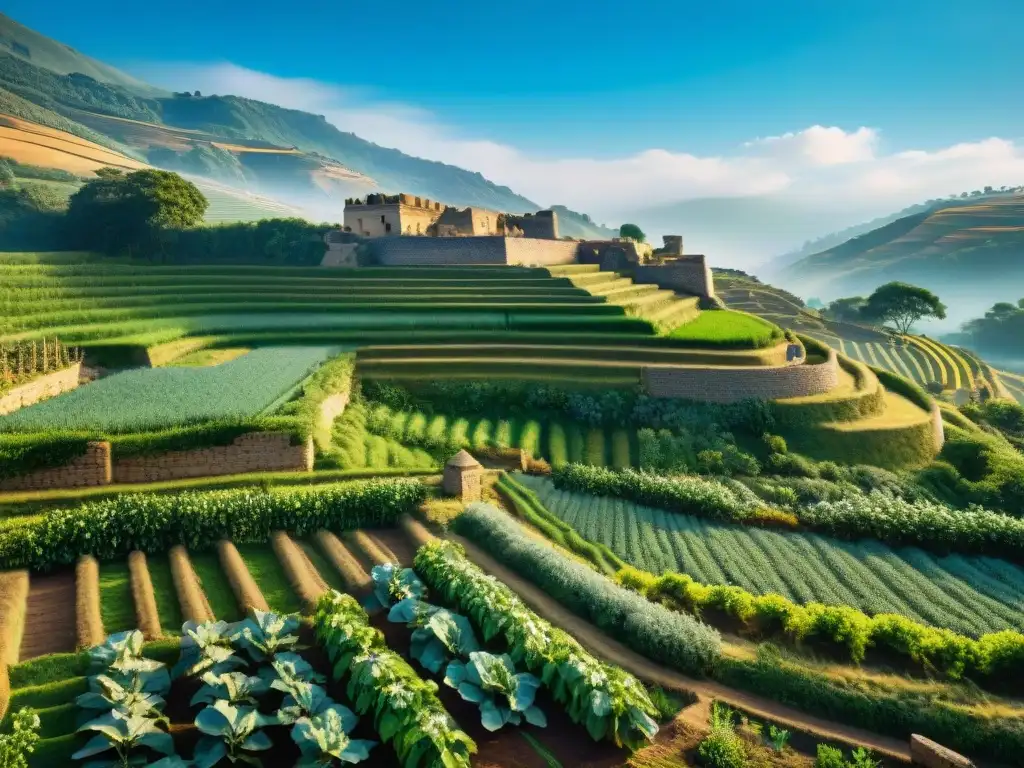 Antiguas técnicas agrícolas en terrazas con cultivos, muros de piedra y ruinas arquitectónicas en un paisaje verde y azul