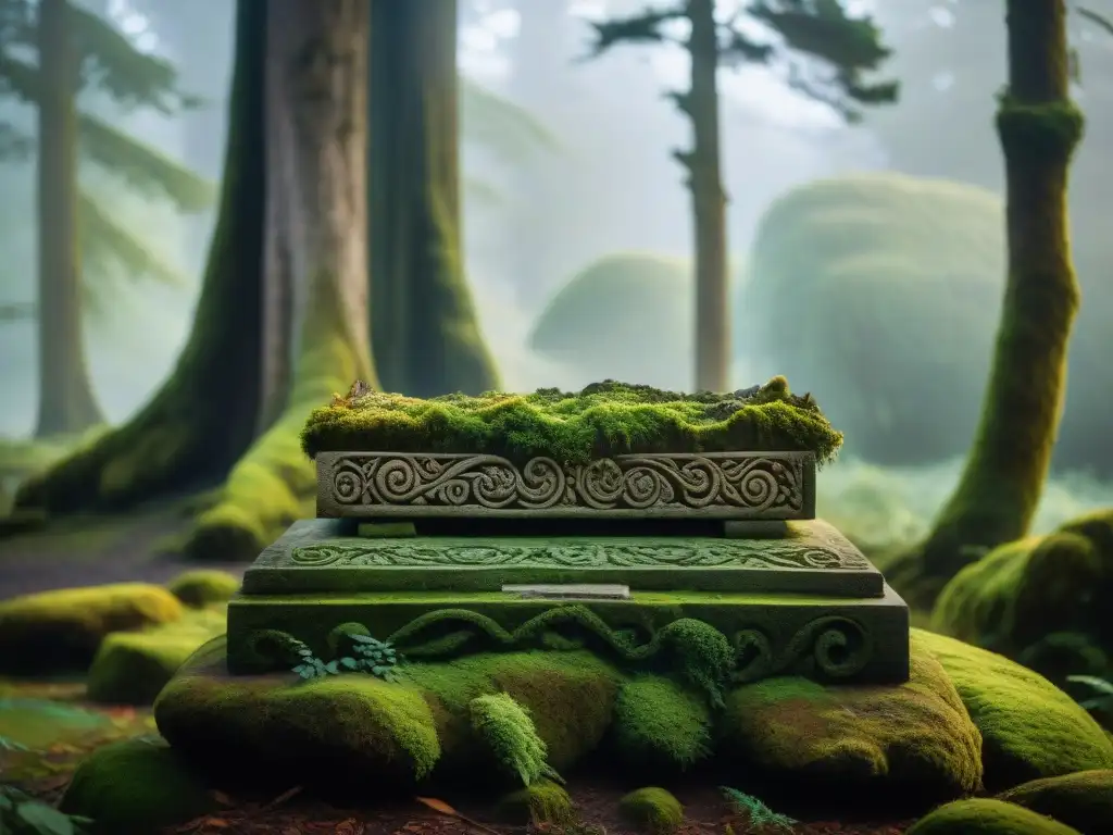 Antiguo altar druídico con intrincados grabados y símbolos místicos, bañado en la suave luz del amanecer