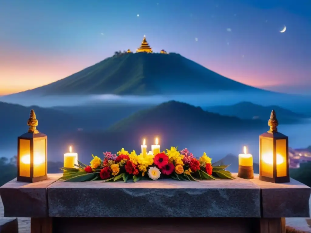 Antiguo altar de piedra iluminado por velas en el misterioso Festival Wesak de una civilización antigua