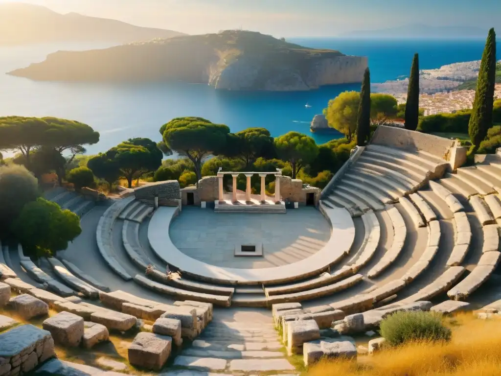 Un antiguo anfiteatro griego iluminado por la luz dorada del sol poniente, con asientos de piedra intrincados y un escenario ante un telón de fondo de exuberante vegetación