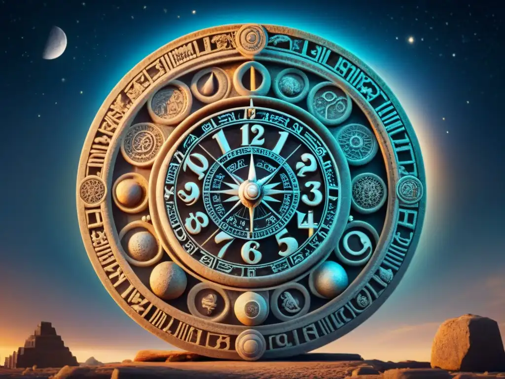 Antiguo calendario lunar esculpido en piedra, con símbolos lunares detallados, bajo un cielo estrellado