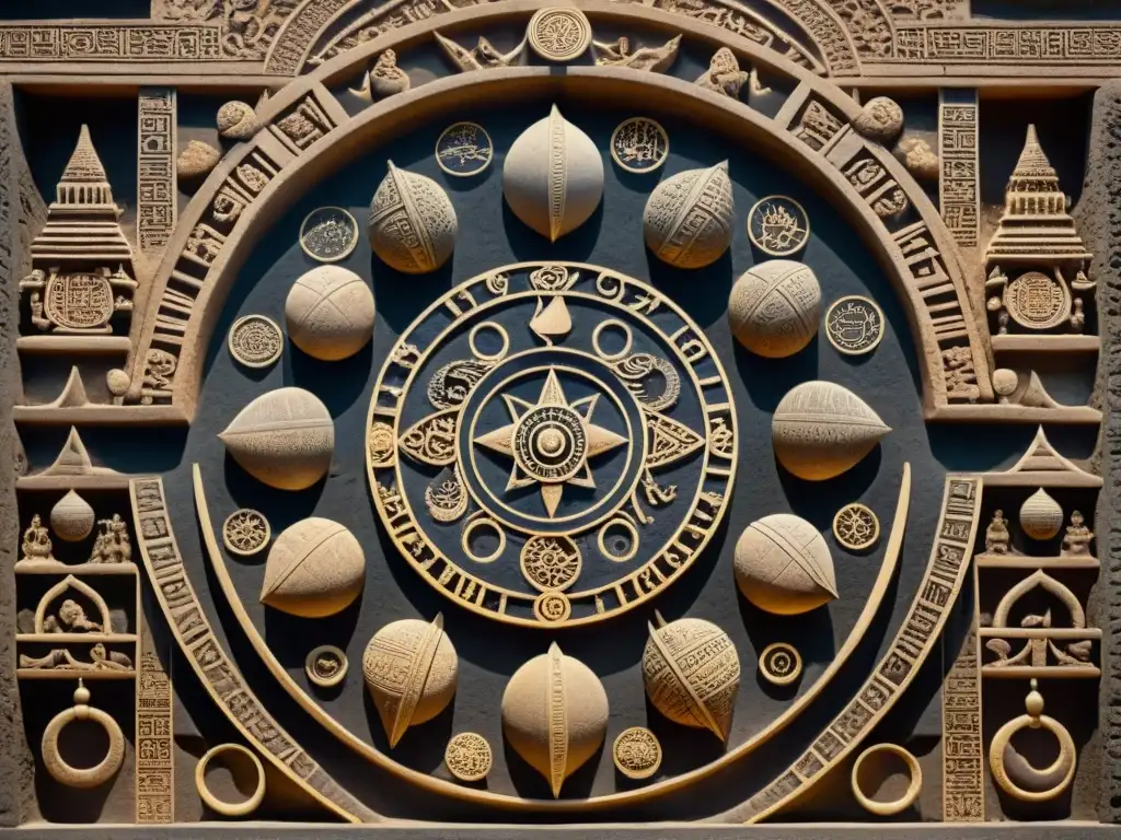 Calendario lunar antiguo esculpido en piedra Antiguo calendario lunar tallado en piedra, iluminado por un rayo de luz