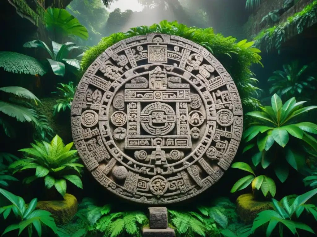 Antiguo calendario maya de piedra, tallado con símbolos y glifos, iluminado por un rayo de sol en la selva