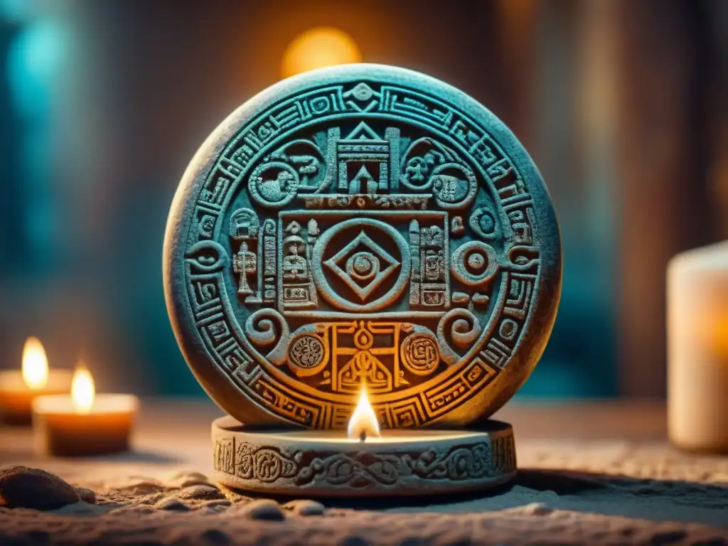 Un antiguo calendario maya detalladamente tallado con símbolos y jeroglíficos, revelando los misterios antiguos y predicciones esotéricas del año 2023