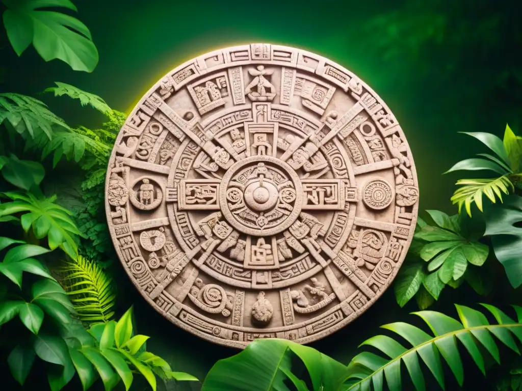 Un antiguo calendario maya tallado con símbolos y glifos en la selva tropical