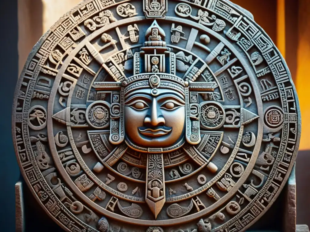 Antiguo calendario maya tallado en piedra, con símbolos y glifos detallados