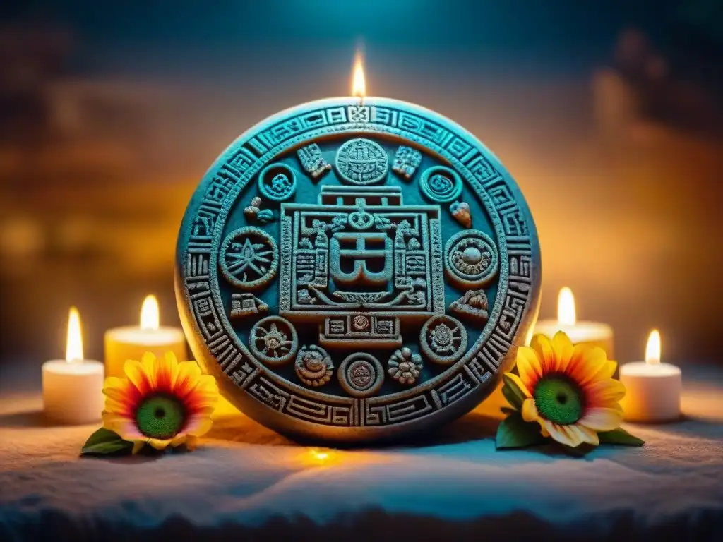 Antiguo calendario maya tallado con detalle, rodeado de ofrendas en una cámara iluminada por velas