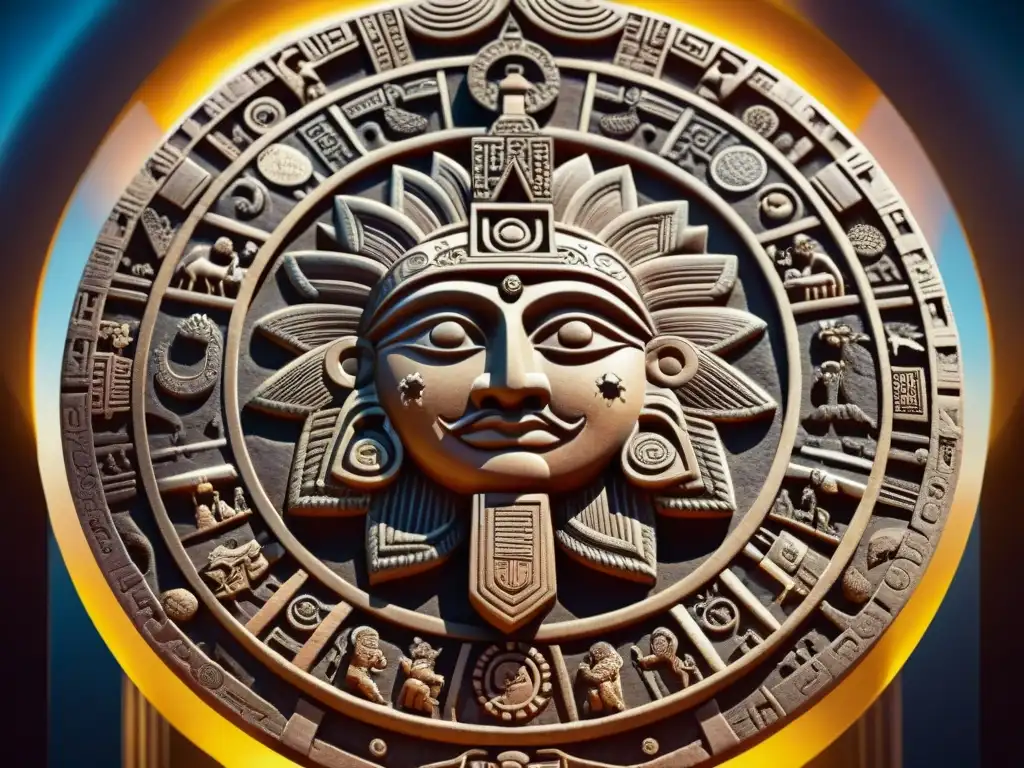 Un antiguo calendario azteca tallado en piedra, con intrincados glifos que representan la cosmología azteca y el ciclo del sol