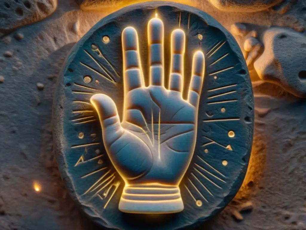 Antiguo diagrama de quiromancia tallado en piedra iluminado por velas, reflejando la importancia de Quiromancia en civilizaciones antiguas