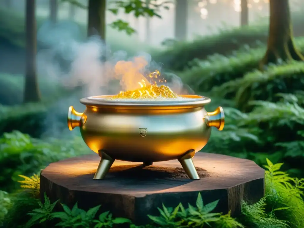 Un antiguo y elaborado caldero celta de oro en un bosque místico