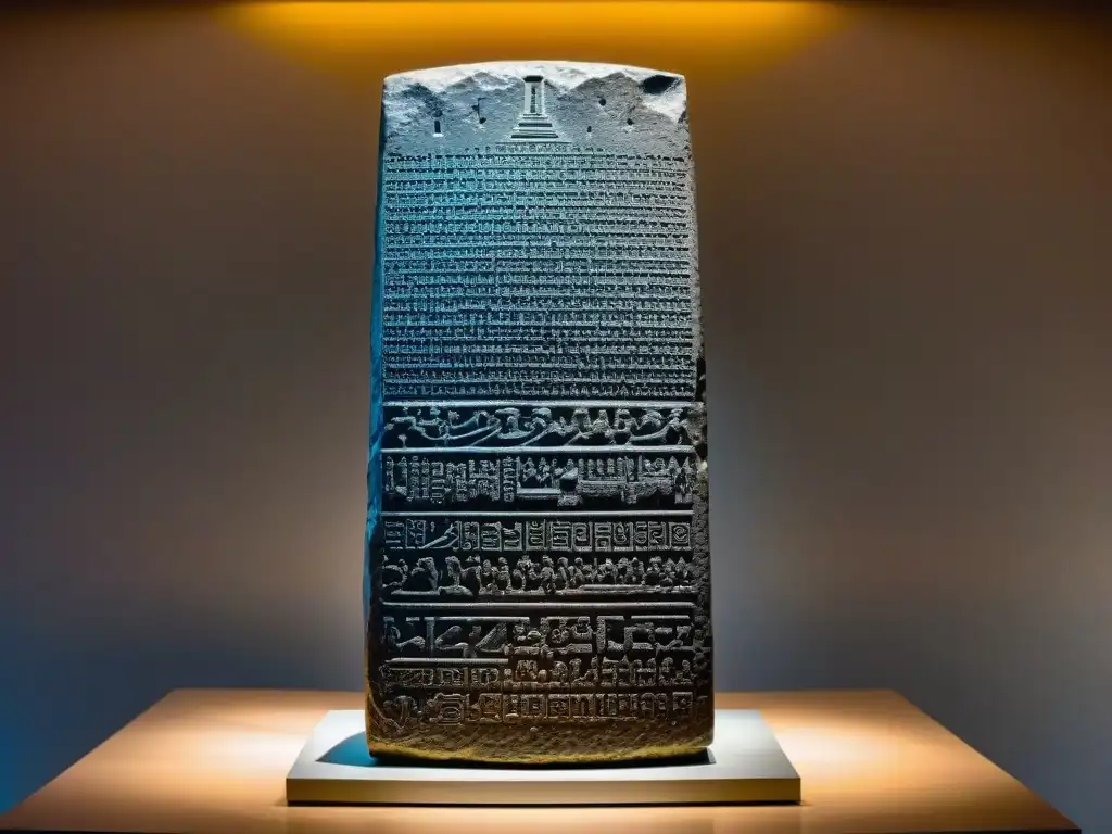 Un antiguo estela de basalto tallada con las Claves de Justicia Hammurabi Antiguo, iluminada por una suave luz dorada en galería de museo