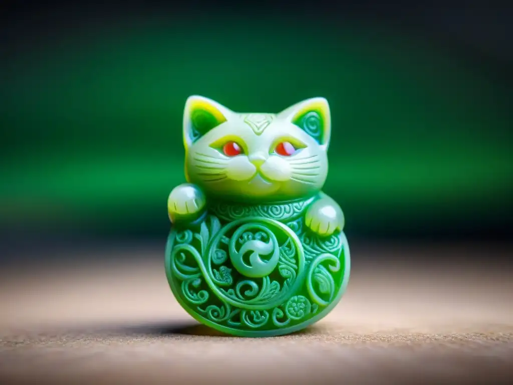 Un antiguo talismán de jade con figura de gato, rodeado de símbolos, simboliza el significado de talismanes gato en diversas culturas