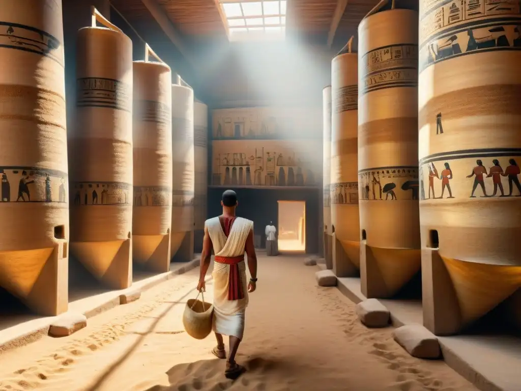 Antiguo granero egipcio con silos de grano y trabajadores, ilustrando el almacenamiento y préstamos en Egipto bajo la luz dorada