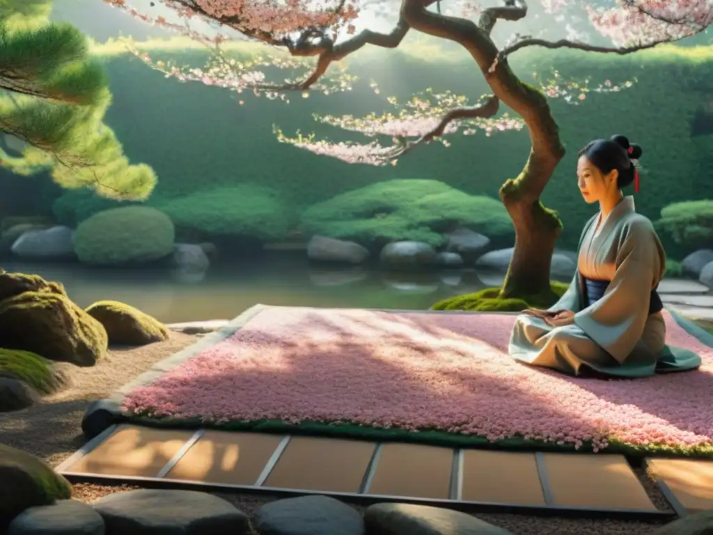 Meditación en el antiguo Japón: Monje meditando en un jardín zen japonés con cerezos en flor y una casa de té al fondo