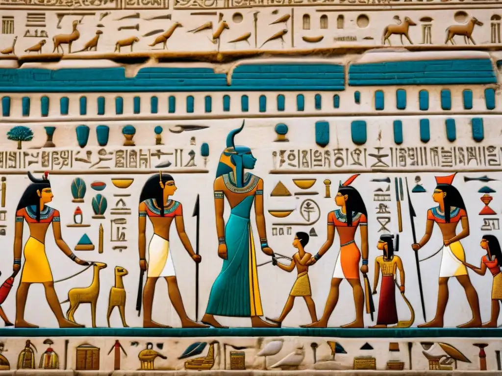 Inscripción egipcia detallada: Inundación anual del Nilo Antiguo jeroglífico egipcio tallado en una pared de piedra, representando la misteriosa inundación del Nilo con gran detalle