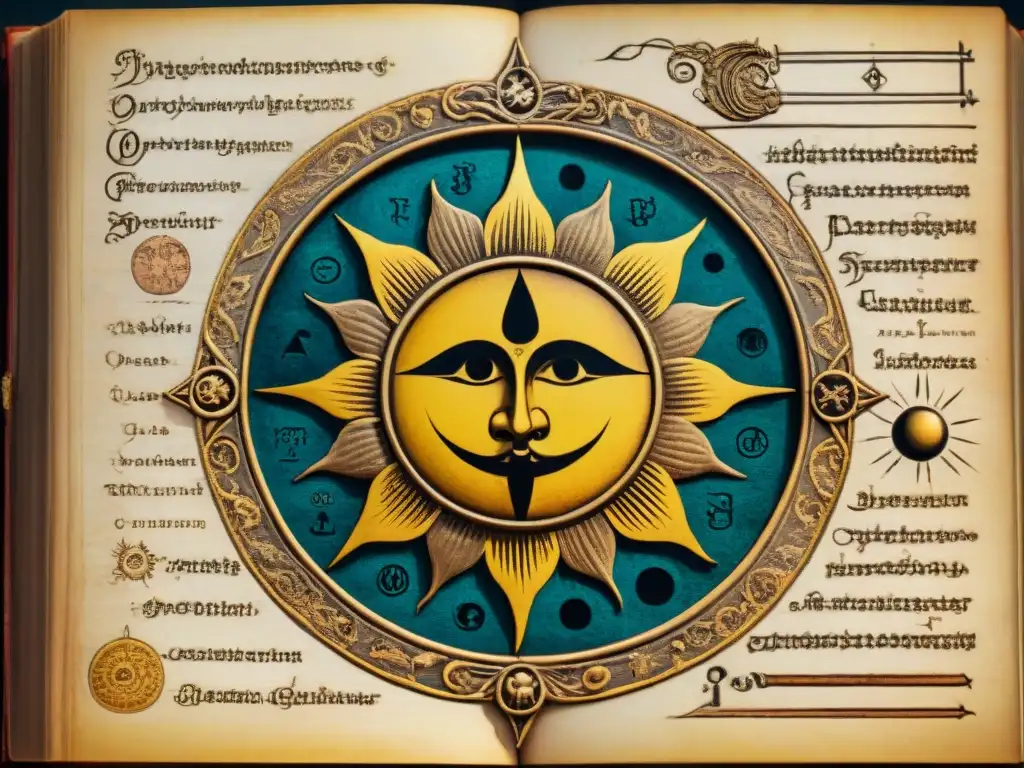 Un antiguo manuscrito alquímico con ilustraciones detalladas de símbolos como sol, luna y alquímicos