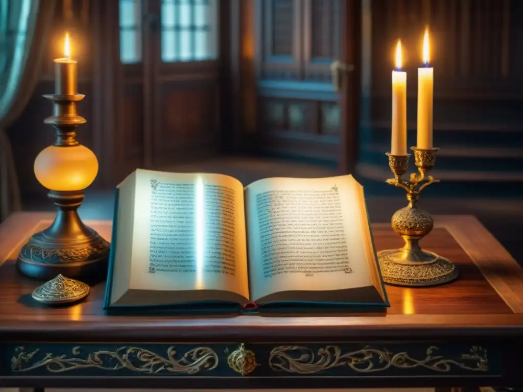 Un antiguo manuscrito detallado con ilustraciones iluminadas, escenas apocalípticas y símbolos en una mesa de madera con vela tenue, evocando misterio