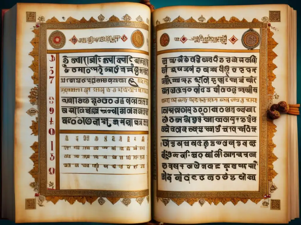 Antiguo manuscrito hindú con detallados cálculos numerológicos en sánscrito, rodeado de símbolos místicos y patrones florales