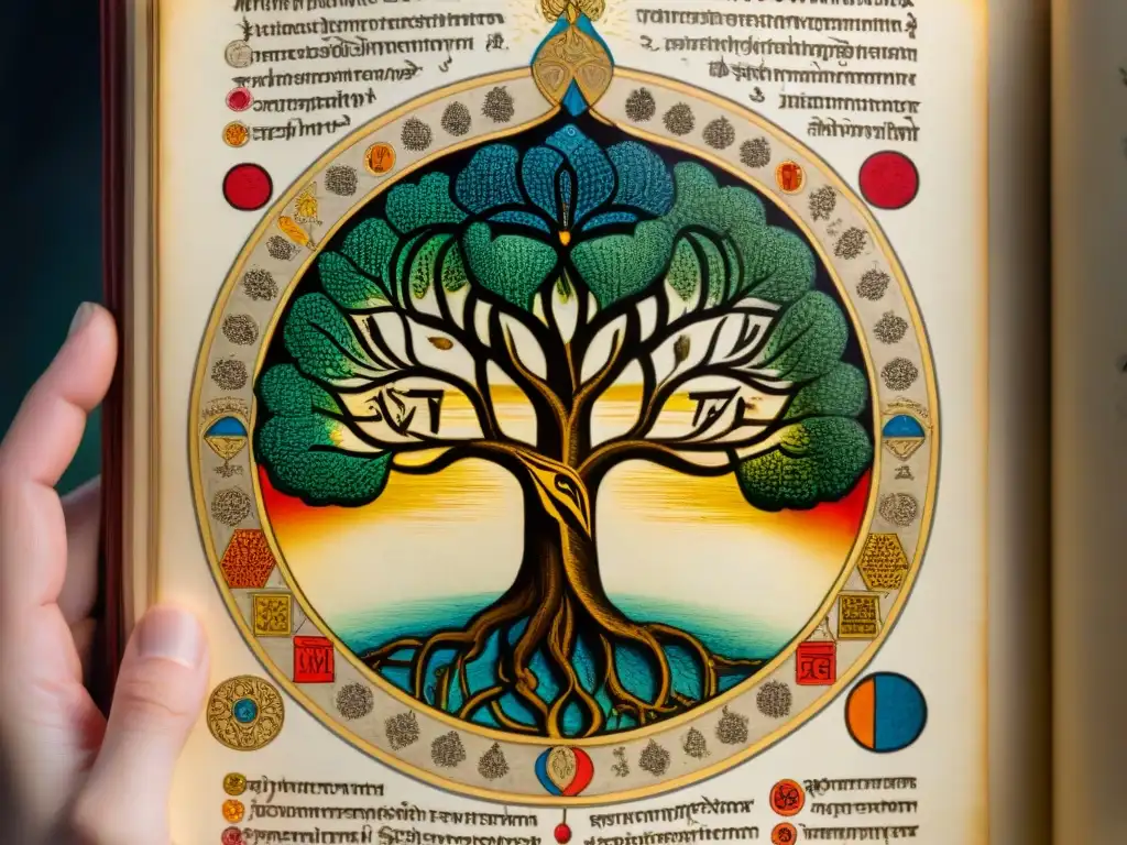 Antiguo manuscrito iluminado con el Árbol de la Vida de la Kabbalah, mostrando la Medición espiritual en civilizaciones antiguas