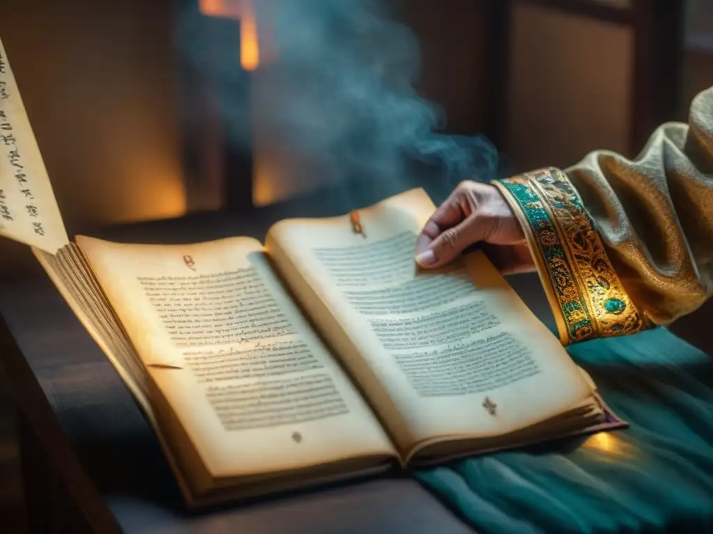 Manuscrito antiguo iluminado en una habitación tenue Antiguo manuscrito iluminado en tenue luz, con caligrafía e ilustraciones de mitología antigua