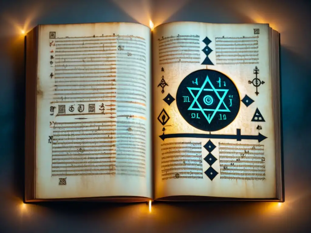 Un antiguo manuscrito iluminado por velas, con símbolos esotéricos y dibujos alquímicos desgastados