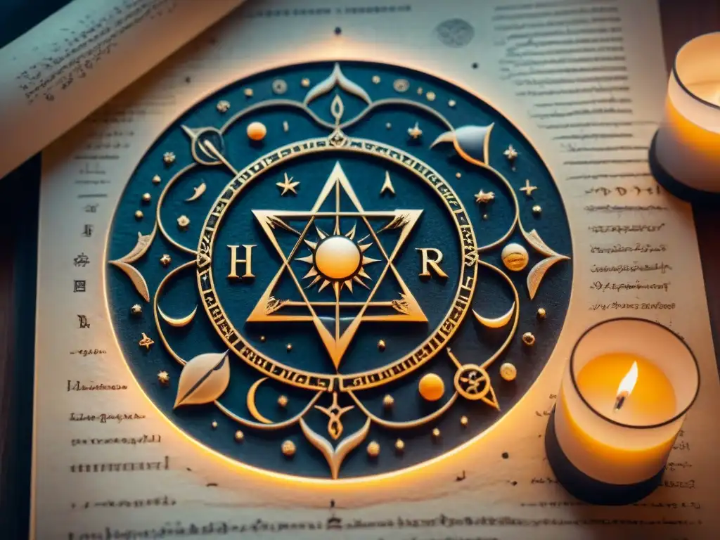 Un antiguo manuscrito iluminado por velas, con diagramas celestiales y símbolos astrológicos