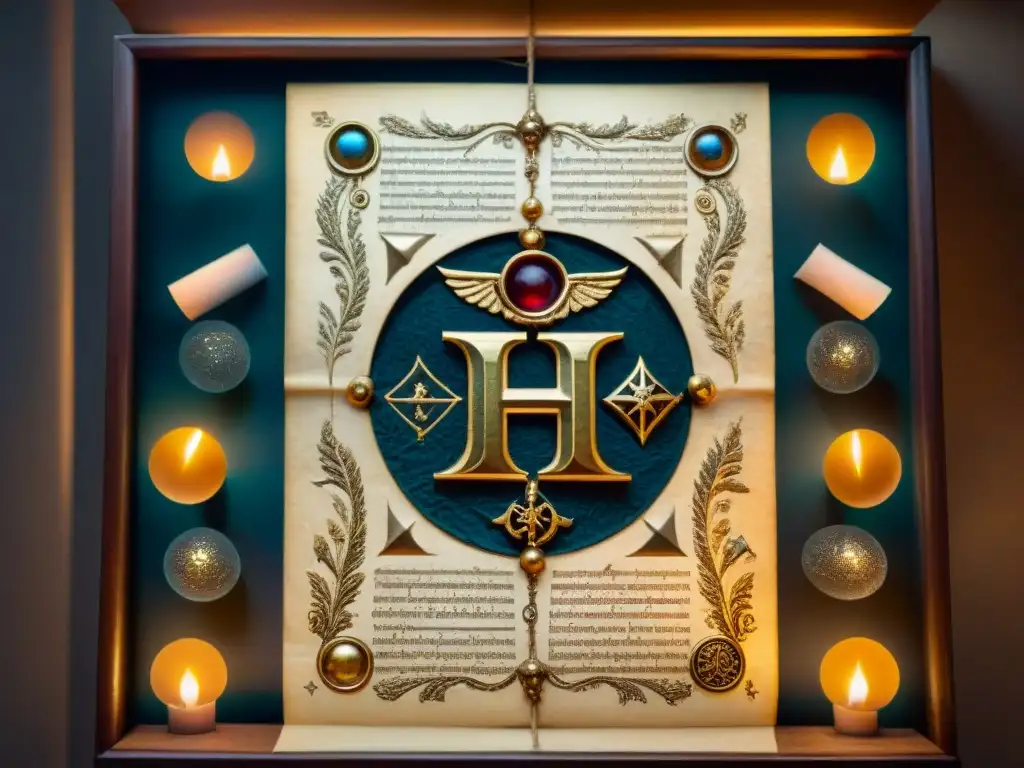 Manuscrito antiguo iluminado con Hermes Trismegistus y símbolos celestiales Antiguo manuscrito con ilustraciones doradas de Hermes Trismegisto rodeado de símbolos celestiales y diagramas esotéricos