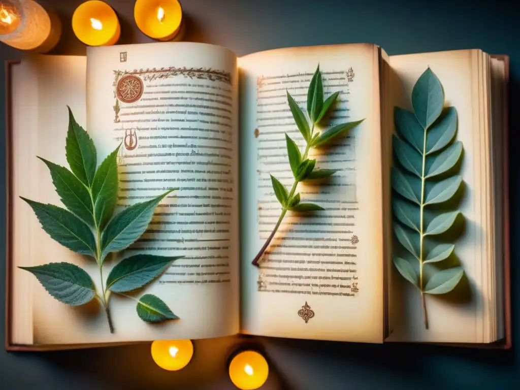 Antiguo manuscrito ilustrado de plantas místicas con símbolos y runas, iluminado por una tenue luz de vela en cámara oscura