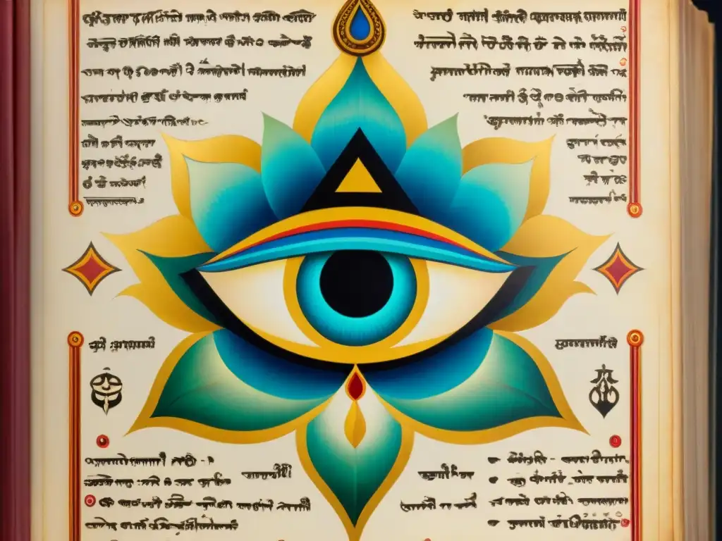 Antiguo manuscrito indio detallado con símbolo de tercer ojo, colores vibrantes y patrones intrincados evocando percepción mística tercer ojo