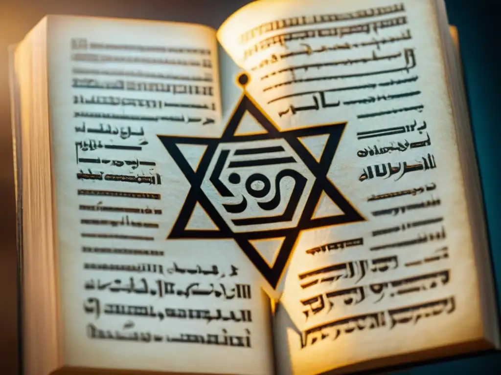 Un antiguo manuscrito de la Kabbalah iluminado por una luz etérea, revelando misteriosas letras hebreas y símbolos