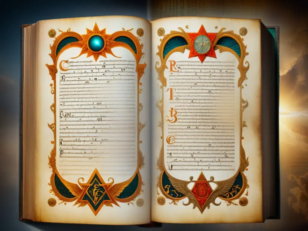 Un antiguo manuscrito del Libro de Enoc, con caligrafía detallada e ilustraciones desgastadas de ángeles y demonios en un estilo místico