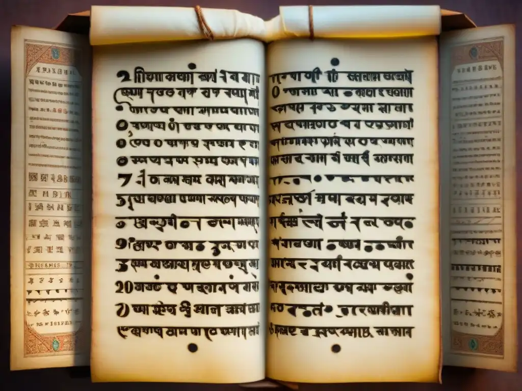 Antiguo manuscrito hindú de números y símbolos, iluminado por cálida luz, revelando la mística de la numerología india