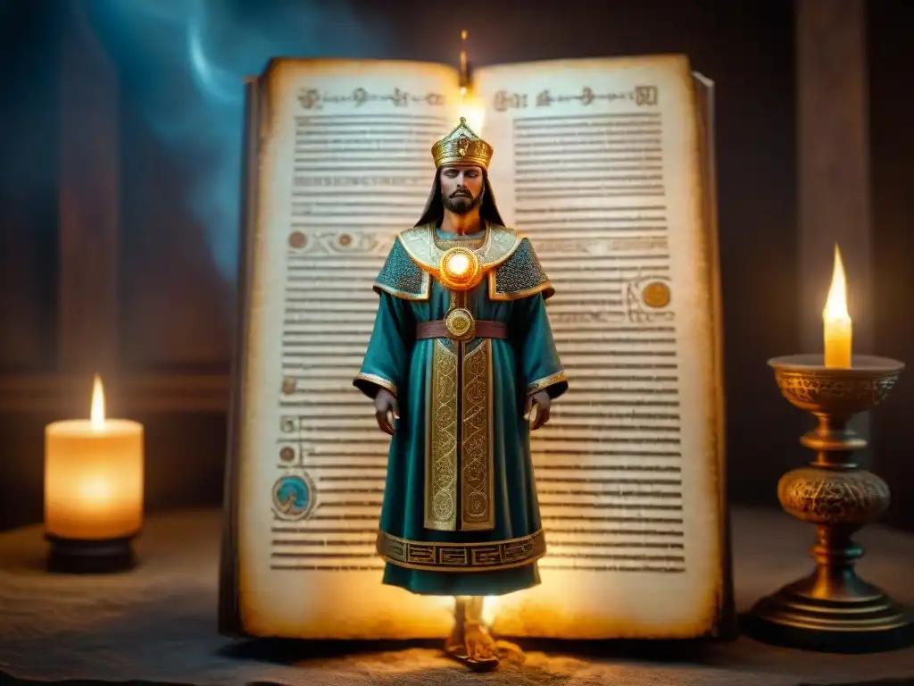 Manuscrito hermético: sabiduría ancestral en pergamino iluminado Antiguo manuscrito de Filosofía oculta Hermes Trismegisto en pergamino iluminado por luz de vela
