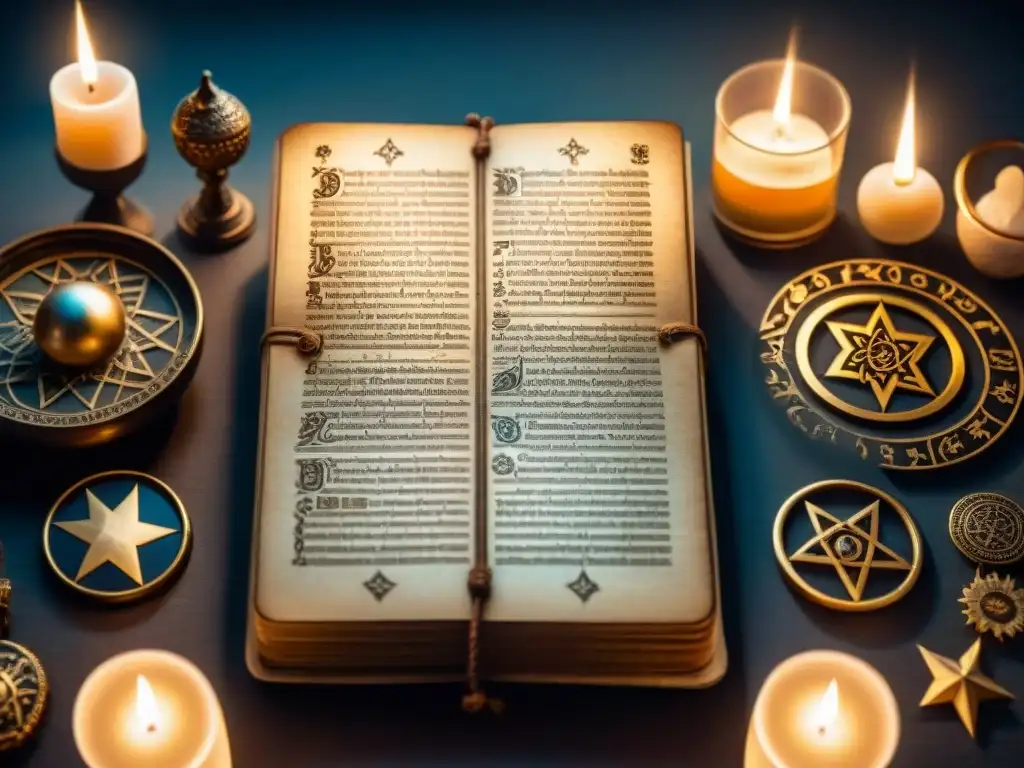 Antiguo manuscrito del Picatrix con símbolos astrológicos e ilustraciones místicas, iluminado por velas en una habitación tenue