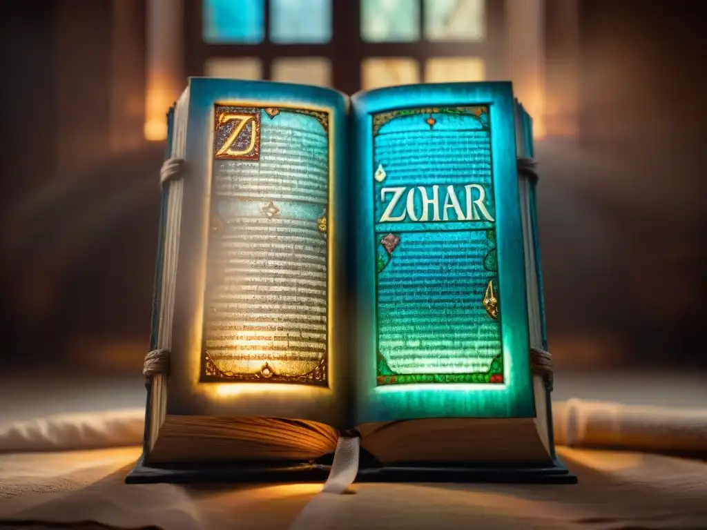 Un antiguo manuscrito del Zohar iluminado por un rayo de luz en una misteriosa habitación