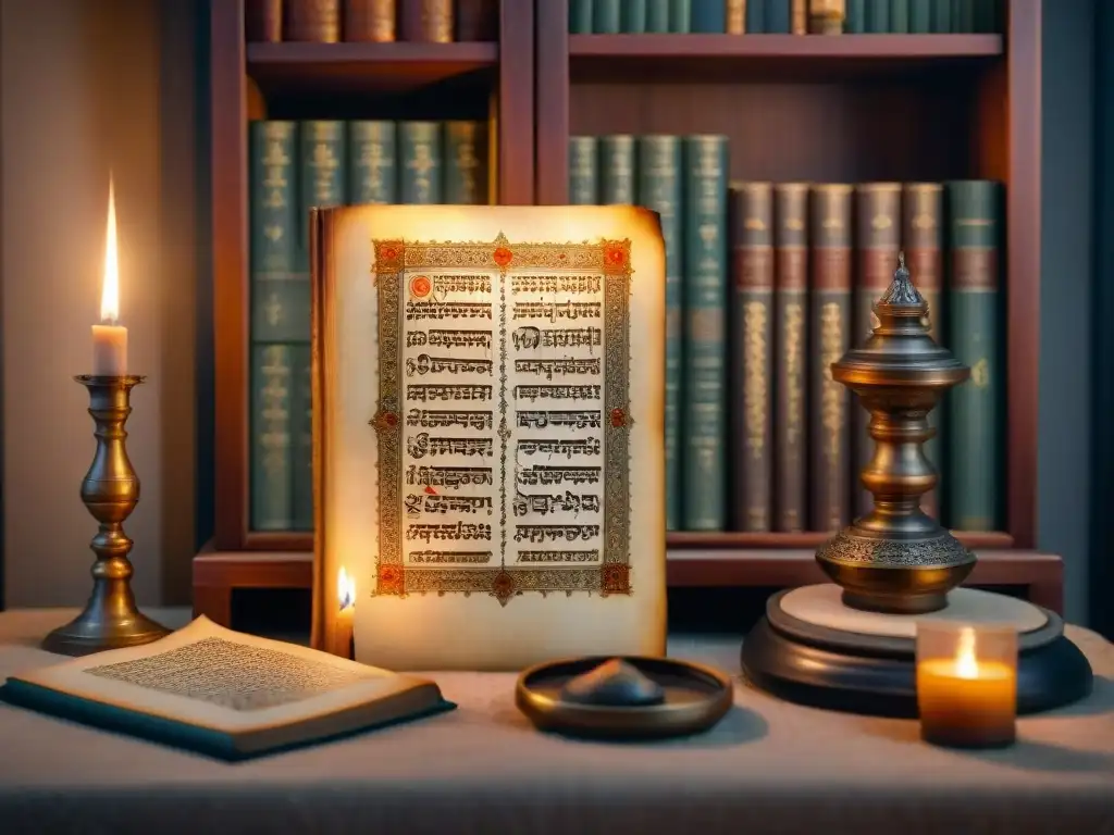 Antiguo manuscrito del Zohar iluminado por velas, con caligrafía hebrea y símbolos místicos