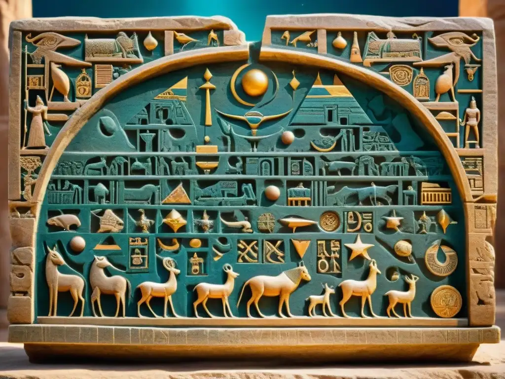 Antiguo mapa astral egipcio tallado en piedra, con símbolos celestiales detallados y jeroglíficos dorados, iluminado por luz suave en templo