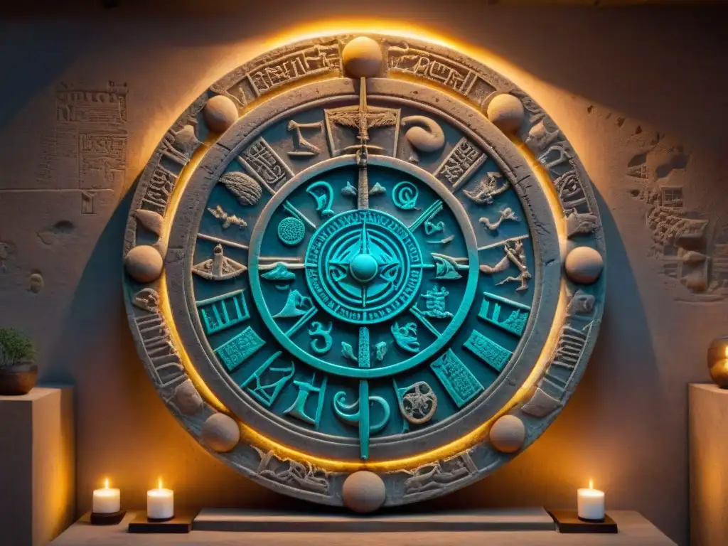 Un antiguo mapa astral tallado en piedra, rodeado de antorchas en una cámara subterránea, evocando misterio y sabiduría ancestral