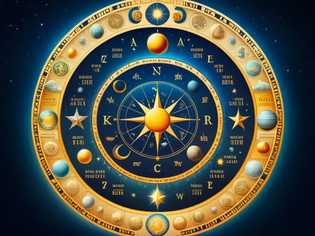 Antiguo mapa celestial detallado con signos zodiacales, planetas y constelaciones, envejecido pero lleno de sabiduría mística