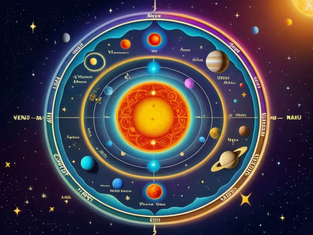 Ilustración de un antiguo mapa celestial de los siete planetas clásicos rodeados de signos zodiacales, en una mesa de madera iluminada por velas