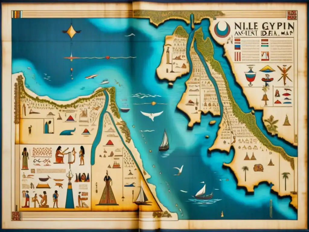 Antiguo mapa de papiro egipcio detallado con rutas comerciales y símbolos náuticos, evidenciando la navegación marítima de los egipcios