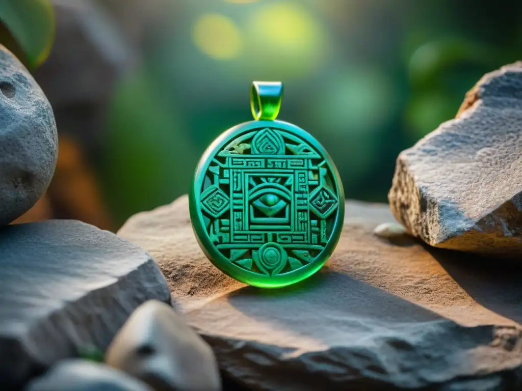 Un antiguo talismán maya de cuarzo verde, con símbolos de vida y protección, en ruinas de piedra