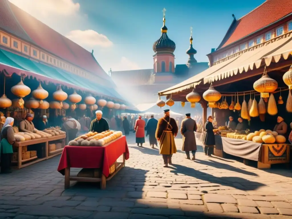 Mercado bullicioso en ciudad eslava: comercio de furs, pottery y especias Antiguo mercado eslavo bullicioso en una ciudad con rutas comerciales y diversidad de comerciantes