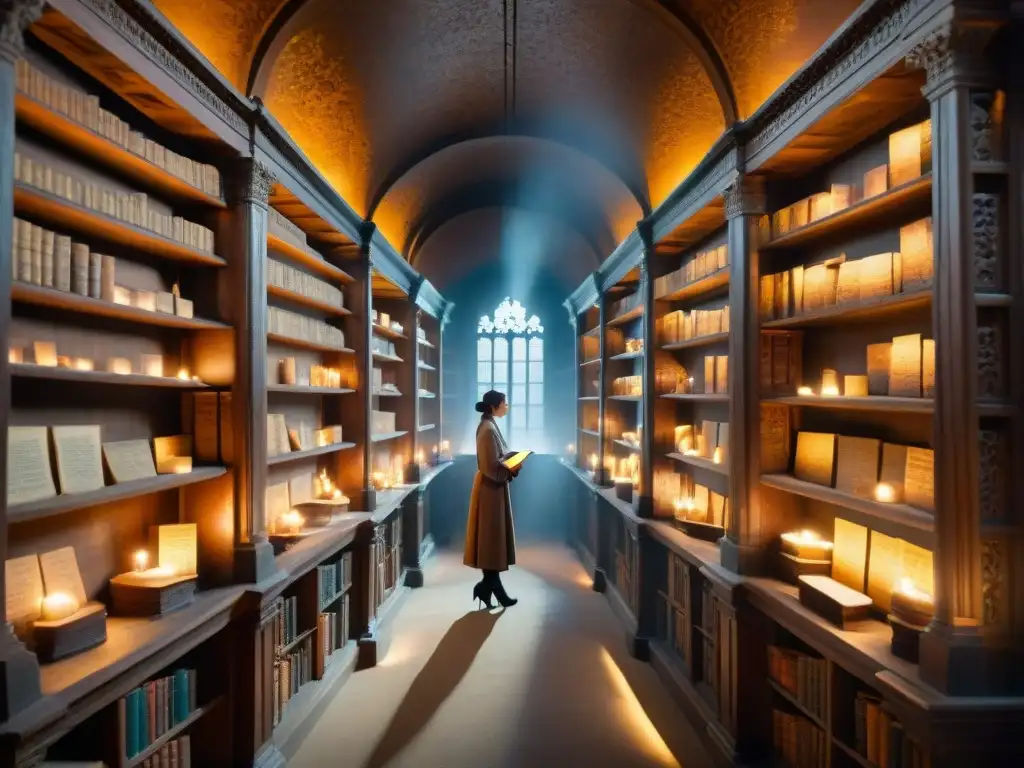Antigua biblioteca iluminada por velas: misterio y sabiduría Un antiguo y misterioso rincón de manuscritos antiguos y códigos perdidos, iluminado por velas