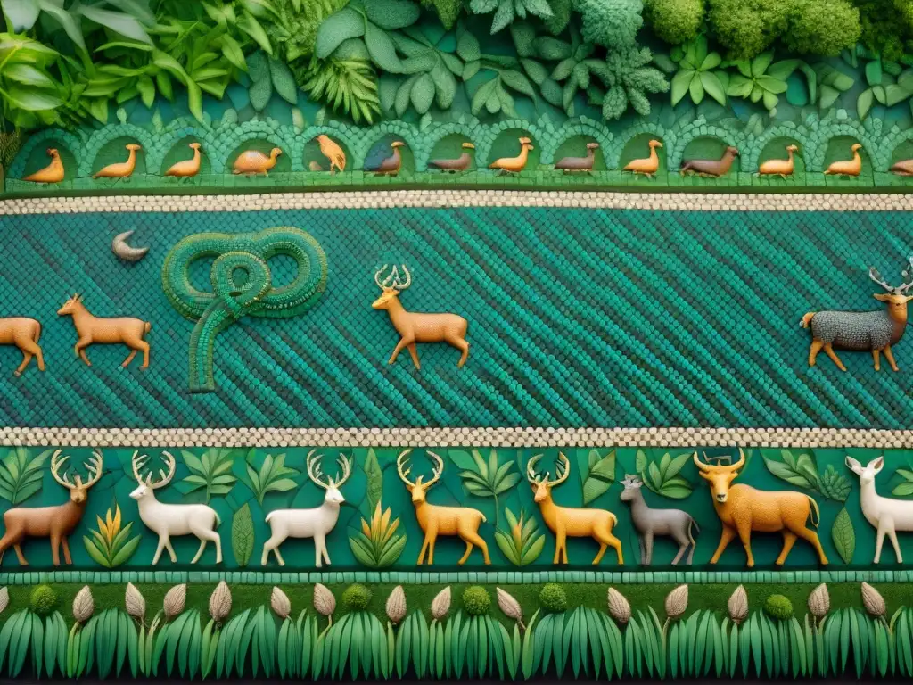 Un antiguo mosaico detalla animales en la adivinación antigua en un bosque exuberante