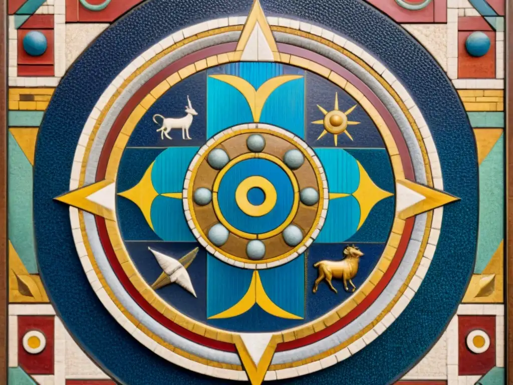 Un antiguo mosaico detallado con signos zodiacales y simbología cristiana primitiva, fusionando astrología y fe