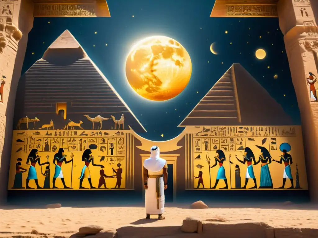 En el antiguo Egipto, un mural detalla un eclipse solar con sacerdotes y jeroglíficos